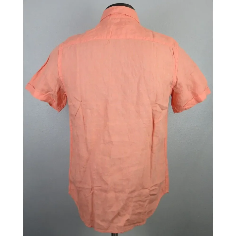 Mens Porter & Ash‎ Short Sleeve Button Front Linen Shirt Orange Peach Size M New